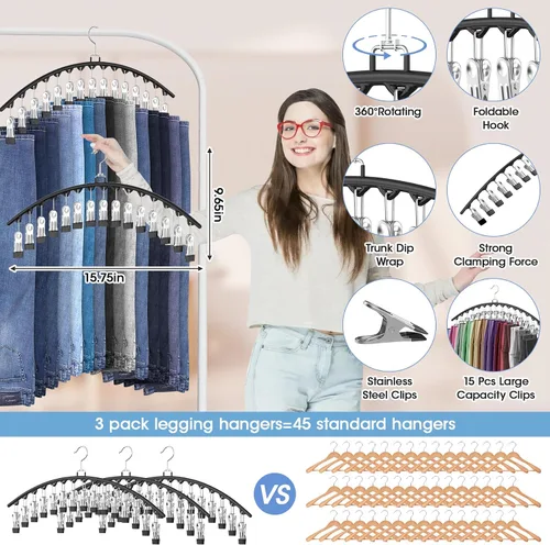 Vista 3 de Paquete de 3 organizadores de leggings para colgar en el armario, perchas para pantalones con clips con capacidad para 45 leggings, pantalones