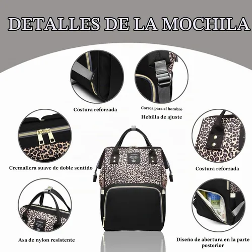 Vista 4 de Bolsa de pañales con estampado de leopardo, mochila multifunción para el cuidado del bebé, bolsa de viaje impermeable para mamá, color marrón