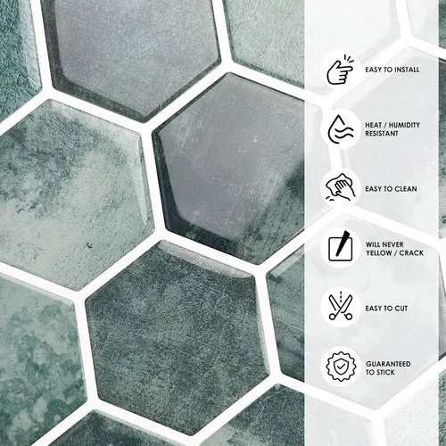 Vista 3 de 10 hojas de azulejos hexagonales autoadhesivos para salpicadero de cocina, nuevo diseño premium extra grueso 3D, azulejos de pared autoadhesivos
