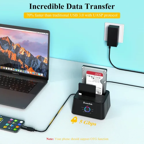 Vista 6 de WAVLINK Estación de acoplamiento de disco duro externo USB 3.0 y USB C a SATA de doble bahía para HDD/SSD de 2.5/3.5 pulgadas con UASP (6Gbps)