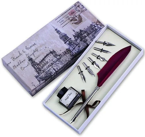 Vista 8 de Calligraphy Pen Set- Feather Quill Pen Set Antique Dip Feather Pen Calligraphy Writing with 6 PCS Nibs and Ink (RED) (Black)