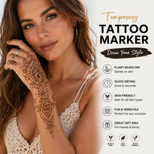 Vista 4 de Marcadores temporales de tatuaje para piel, 15 bolígrafos de tatuaje de doble punta + 50 plantillas de pintura + 43 calcomanías de tatuajes, juego