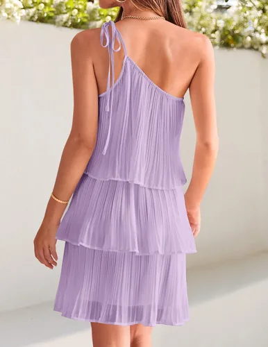 Vista 4 de ZESICA Vestido corto bohemio de verano para mujer, con un hombro, sin mangas, con volantes, escalonado, de gasa, plisado, acampanado, para mujer