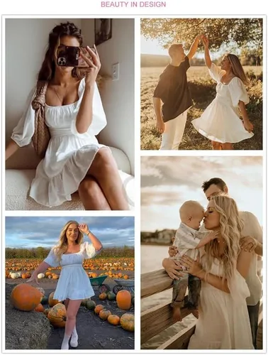 Vista 5 de Dokotoo Vestidos de verano para mujer, cuello cuadrado, lazo en la espalda, manga farol, volantes, vestido casual acampanado