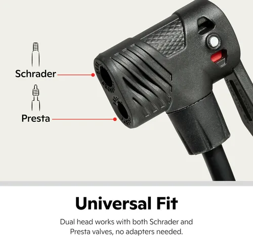 Vista 5 de Schwinn Serie Air Center o bomba de piso básica, para una gama de bicicletas, 100, 120 o 160 PSI, mango de agarre suave, cabezal doble para válvulas