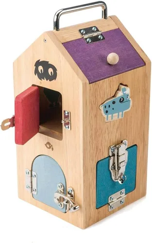Vista 4 de Tender Leaf Toys Caja de bloqueo de madera Monster - 8 puertas diferentes con varios mecanismos de bloqueo ayuda a desarrollar habilidades