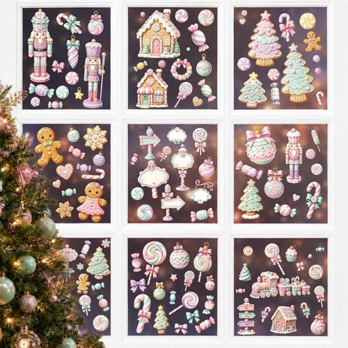 Vista 2 de BORAMDO 9 hojas de calcomanías navideñas de jengibre para ventana