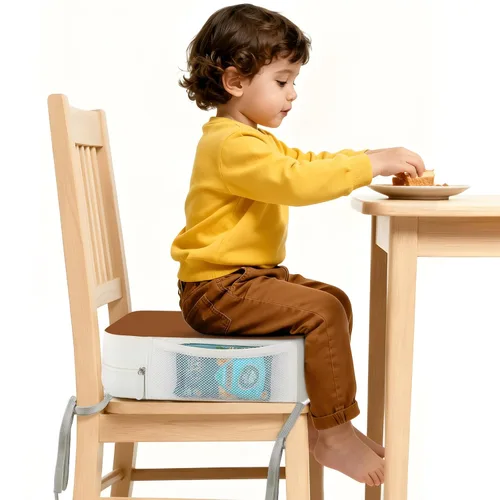 Vista 10 de Asiento elevador para silla de cocina, cojín de asiento elevado para niños Mesa de comedor de PU para niños pequeños con lazos y bolsillos
