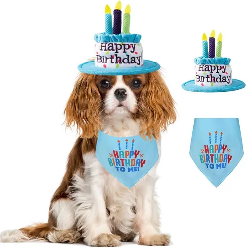 Vista 11 de Juego de sombreros y bufandas bandana para cachorros y gatos con velas coloridas azules para pequeños animes, suministros de fiesta de cumpleaños