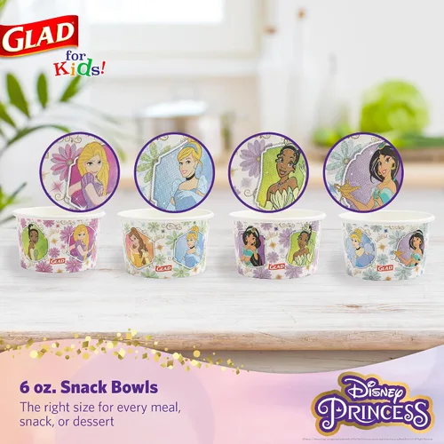 Vista 2 de Glad para Niños Cuencos de Papel Desechables de Princesa Disney, Tapas No Incluidas, Marcos Florales - Resistentes, Aptos para Microondas, Vasos