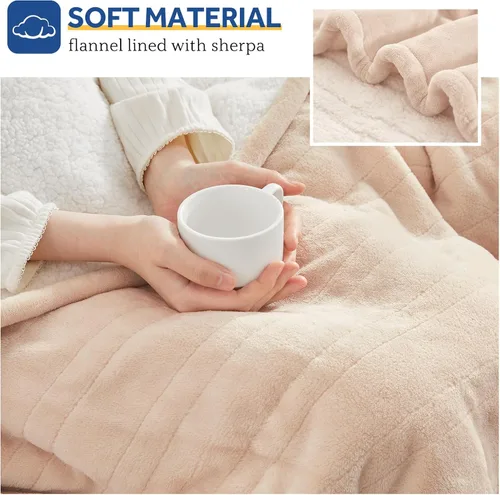 Vista 5 de Sealy - Manta eléctrica térmica, manta de franela y sherpa con 6 ajustes de calor y apagado automático de 2-10 horas, calentamiento rápido y Beige