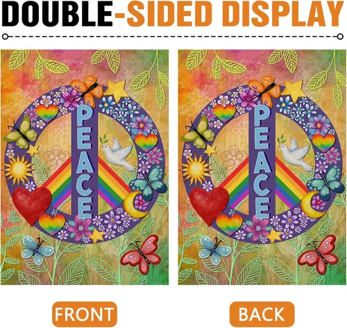 Vista 3 de Dyrenson World Peace Love - Bandera decorativa para jardín, doble cara, arco iris, mes del orgullo, arpillera para patio, decoración exterior