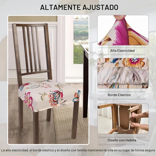 Vista 3 de SearchI Juego de 4 fundas de asiento para sillas de comedor repelentes al Flor roja beige