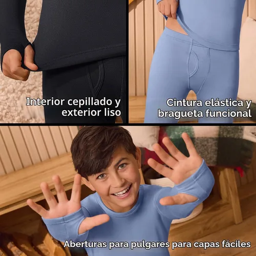 Vista 5 de Cuddl Duds Conjunto térmico con forro polar pesado para clima frío para niños, camisa de manga larga y leggings, pantalones largos para niños Negro