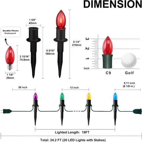 Vista 2 de C9 Luces de camino de Navidad para exteriores, 24.2 pies, 20 luces LED con estacas, luces de camino de Navidad impermeables conectables para patio