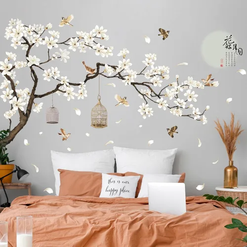 Vista 6 de Calcomanías de pared de estilo chino, árbol negro y pájaros voladores, removibles, decoración de pared, murales para niños, guardería, oficina