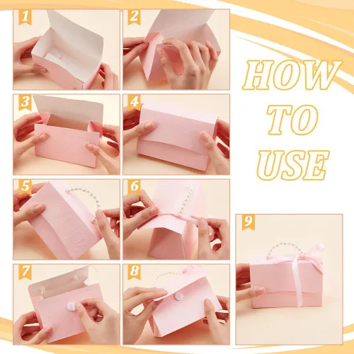 Vista 4 de BENECREAT Juego de 12 cajas de recuerdos de boda, caja de papel kraft rosa con mango de perla, cintas, calcomanías, cajas de regalo para cumpleaños