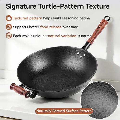 Vista 3 de WANGYUANJI Wok de hierro fundido con fondo plano de 14.21 pulgadas con espátula tradicional de hierro
