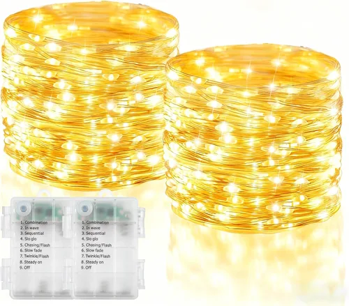 Vista 9 de Tira de 100 luces LED EchoSari, para exteriores, operadas con batería y control remoto (con capacidad de atenuación, temporizador y 8 modos), a