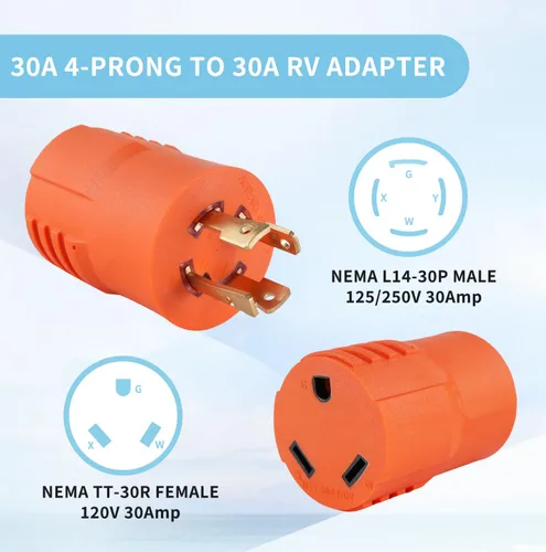 Vista 2 de Adaptador de generador RV 30A, NEMA L14-30P a TT-30R, 3750W Macho de 30 amperios a hembra de 30 amperios
