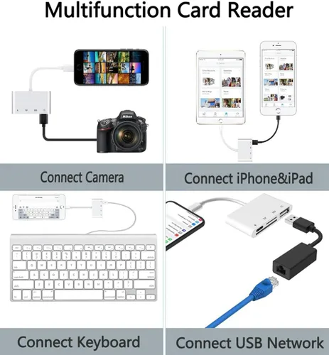 Vista 7 de Adaptador Lightning para lector de tarjetas SD TF, rosyclo Apple MFi certificado 4 en 1 USB OTG kits de conexión de cámara cable de carga