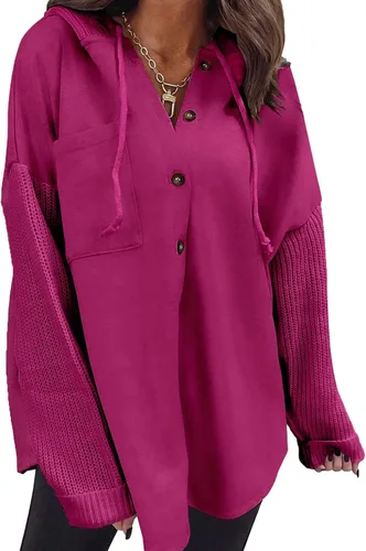 Vista 16 de SHEWIN - Sudadera de gran tamaño para mujer, de ajuste holgado, casual, manga larga, con botones, con capucha y bolsillos a gris