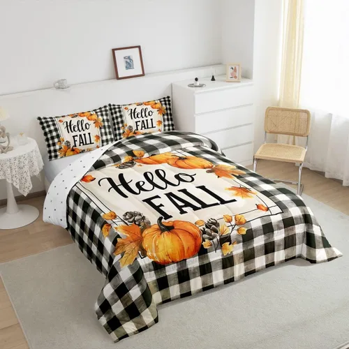 Vista 3 de Juego de edredón de calabaza de otoño tamaño individual para niños y niñas, juego de ropa de cama para niños, mujeres y hombres, ultra suave