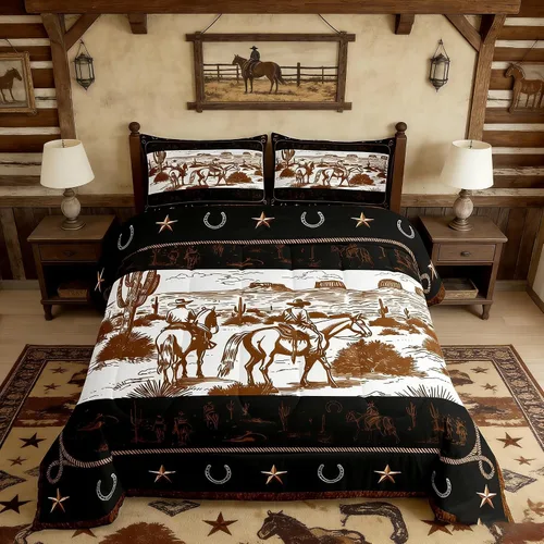 Vista 25 de Manfei Juego de edredón de vaquero occidental tamaño individual, juego de ropa de cama con estampado de calavera de toro, caballo y flecha, 2 piezas