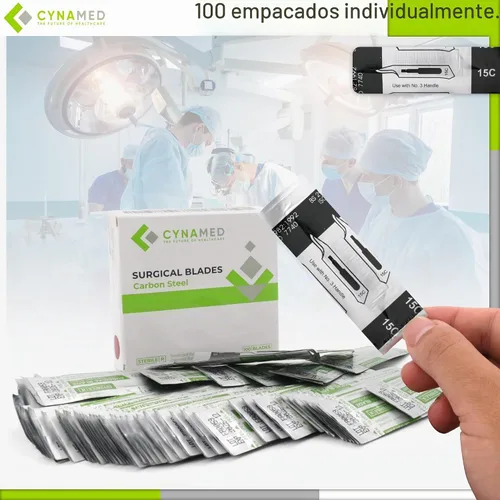 Vista 3 de Cynamed Caja de 100 cuchillas estériles de bisturí de acero al carbono envueltas individualmente en papel de aluminio