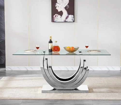 Vista 18 de Moderno juego de mesa de comedor de cristal de 5 piezas para 4, 70 pulgadas rectangular con 4 sillas copetudas de terciopelo beige, juego de mesa