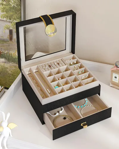 Vista 8 de Hzuaneri Joyero de 3 capas, organizador de joyas con tapa de vidrio, 1 soporte individual para joyas, 1 cajón, estuche de joyería de piel sintética