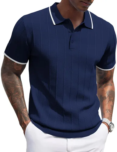 Vista 57 de COOFANDY Camisas polo de punto para hombre de manga corta con textura acanalada Camisas de golf casuales y ligeras con cuello Camiseta de polo