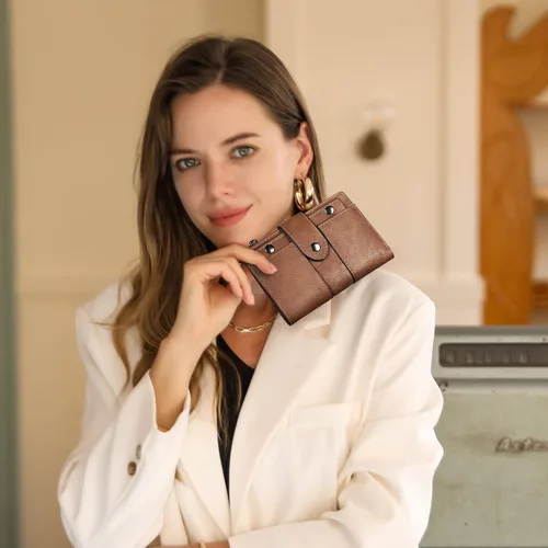 Vista 2 de Cartera pequeña para mujer, de cuero, plegable, multitarjeta, organizador de diseñador, moneda con cremallera y ventana de identificación extraíble