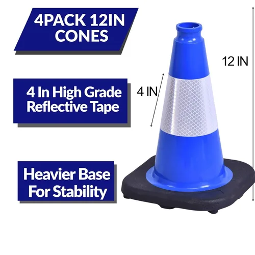 Vista 2 de BESEA Paquete de 4 conos de tráfico azules de 12 pulgadas con collar reflectante de 4 pulgadas, conos de seguridad de PVC resistentes con base