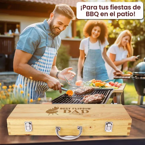 Vista 2 de Juego de parrilla BBQ de 11 piezas con caja de madera de arce grabada, herramientas de barbacoa de acero inoxidable premium con mangos de madera