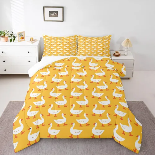 Vista 22 de Erosebridal Juego de ropa de cama a cuadros azul para niños, juego de cama individual con diseño de patos amarillos de dibujos animados, juego