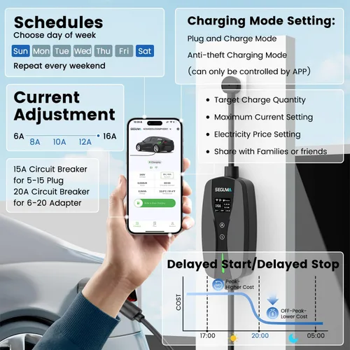 Vista 2 de Cargador EV de nivel 1/2, control de corriente ajustable Wi-Fi/App de 16 amperios, enchufe NEMA 5-15 certificado ETL/adaptador NEMA 6-20, retardo