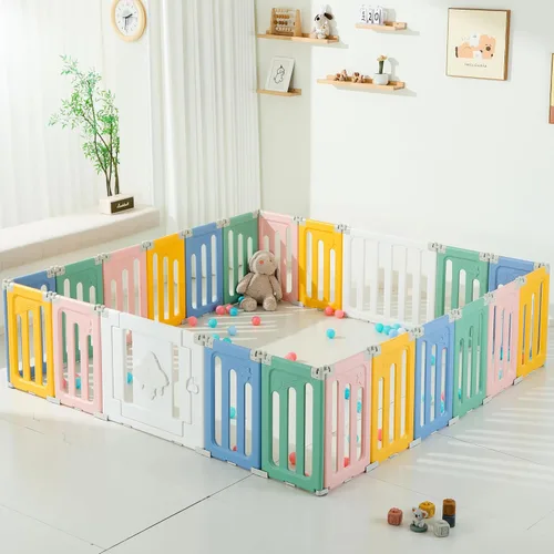 Vista 15 de Bestgame - Corralito para bebés - 14 paneles extragrandes plegables para niños pequeños, valla portátil en forma de OVNI, puerta, patio - Azul