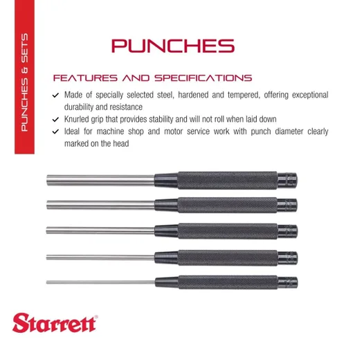 Vista 3 de Starrett Juego de punzones de acero con agarre moleteado para un posicionamiento preciso y una sujeción segura, acero endurecido y templado, 8