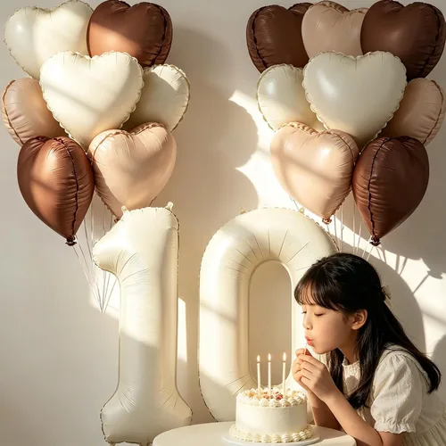 Vista 9 de Globos de 40 pulgadas color crema número 10, 17 piezas de globos de helio grandes con globos de corazón neutros crema nude caramelo beige marrón