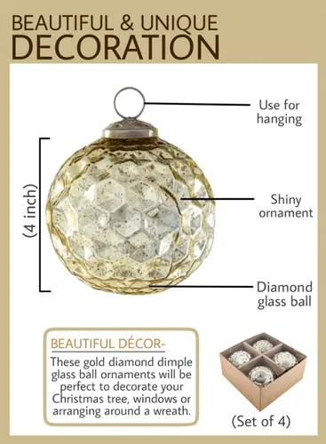 Vista 7 de Serene Spaces Living Juego de 4 adornos de bola de cristal con forma de diamante dorado para árbol de Navidad, decoración de vacaciones, Pascua
