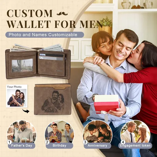 Vista 12 de Carteras personalizadas para hombres, cartera personalizada para hombre con imagen grabada y nombre, billetera delgada de cuero plegable, regalos