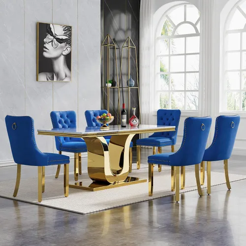 Vista 54 de Juego de 4 mesas de comedor blancas y doradas, mesa de cocina rectangular de 68 pulgadas con parte superior de mármol sintético blanco, mesa de Mesa