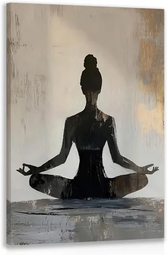 Vista 2 de GELDSTEI Arte de pared zen enmarcado, pintura moderna en lienzo de chica haciendo yoga, decoración de pared de meditación tranquila, imagen estética