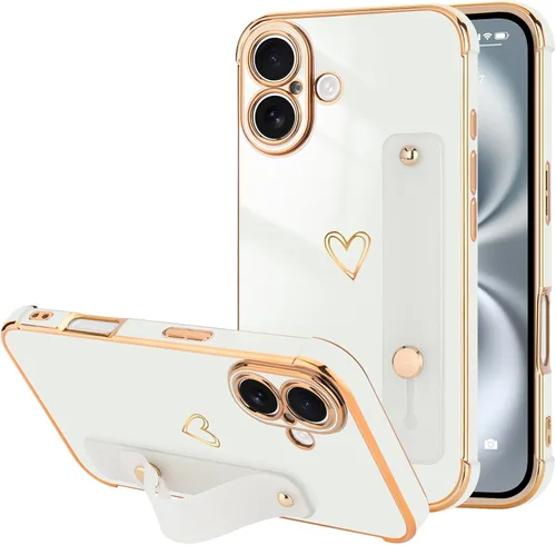 Vista 56 de LLZ.COQUE Funda compatible con iPhone 12 para mujeres y niñas, parachoques chapado de lujo con bonito diseño de corazón de amor, soporte de correa