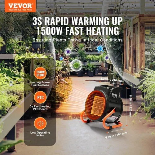 Vista 2 de VEVOR Calentador de invernadero, 1500 W PTC, calentamiento rápido con protección contra sobrecalentamiento, ventilador de tienda de cultivo pequeño