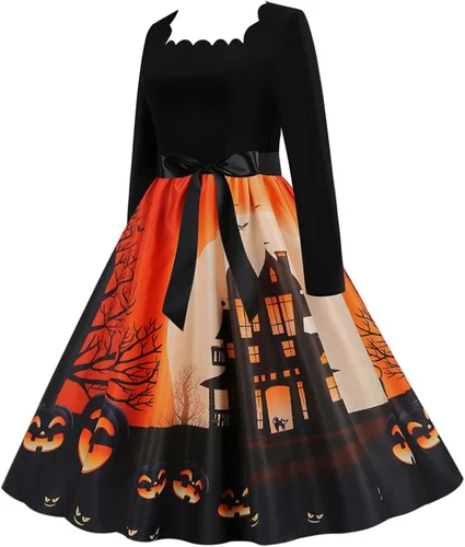 Vista 8 de Vestido de Halloween para mujer estampado de moda manga larga cuello cuadrado casual dobladillo 2022