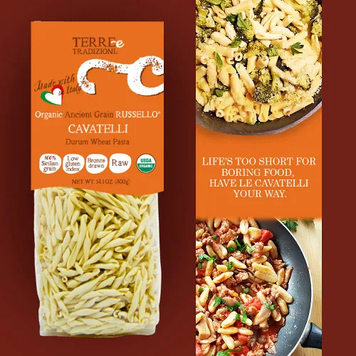 Vista 3 de TERRE E TRADIZIONI Paquete de 6 pastas de trigo italiano orgánico durum, cavatelli – Russelló de grano antiguo siciliano vegano elaborado en Italia.