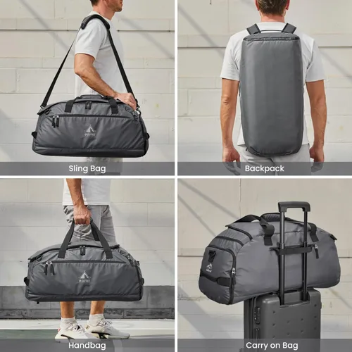 Vista 3 de G4Free Bolsa de gimnasio de 60 L, bolsa de lona de 3 vías con compartimento para zapatos y bolsillo húmedo para hombres y mujeres, mochila de lona