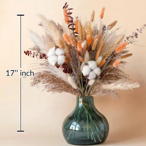 Vista 3 de Ramo de flores secas de otoño, decoración de otoño bohemia con hierba de pampas, algodón y colas de conejo naranja, arreglo floral de otoño